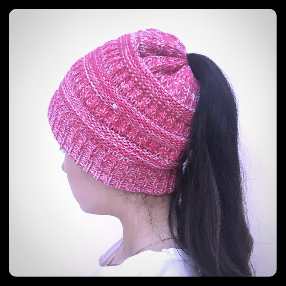 Pink Confetti Messy Bun Ponytail Beanie Hat
